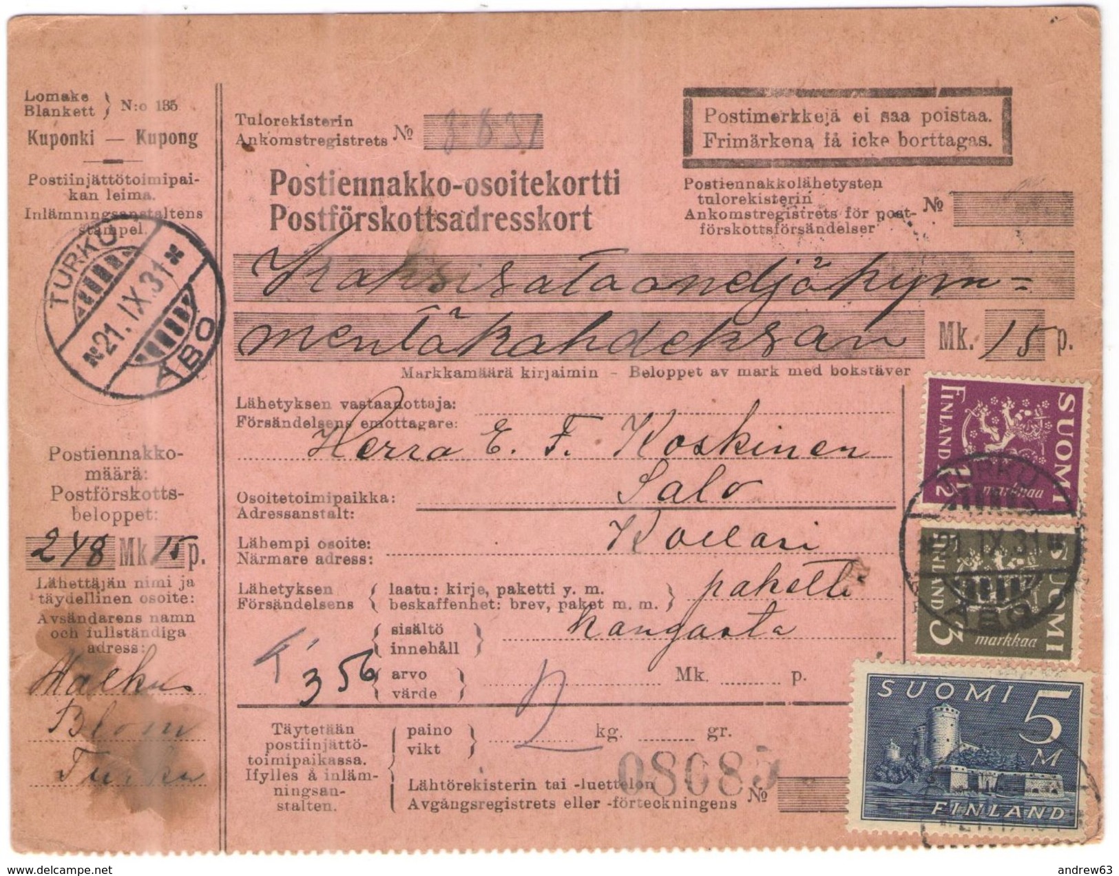 FINLANDIA - Finland - 1931 - Postiennakko-Osoitekortti - Adresskort Paket Packet Freight Bill Card - Viaggiata Da Turku - Colis Postaux