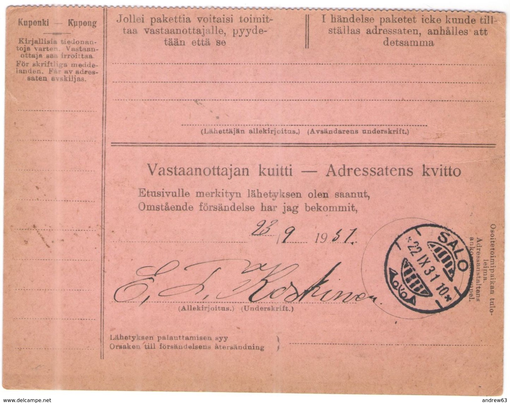 FINLANDIA - Finland - 1931 - Postiennakko-Osoitekortti - Adresskort Paket Packet Freight Bill Card - Viaggiata Da Turku - Colis Postaux