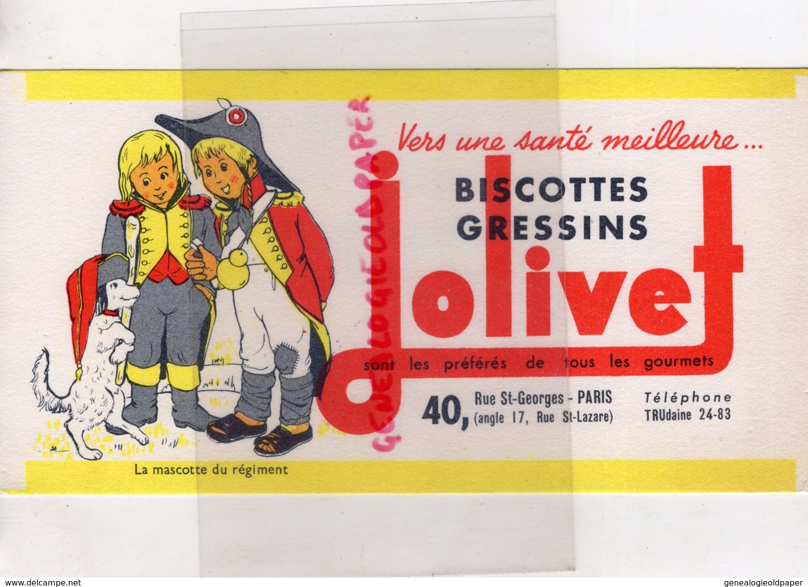 75- PARIS- BUVARD  BISCOTTES GRESSINS JOLIVET- MASCOTTE DU REGIMENT-CHIEN-40 RUE ST GEORGES SAINT LAZARE - Biscottes