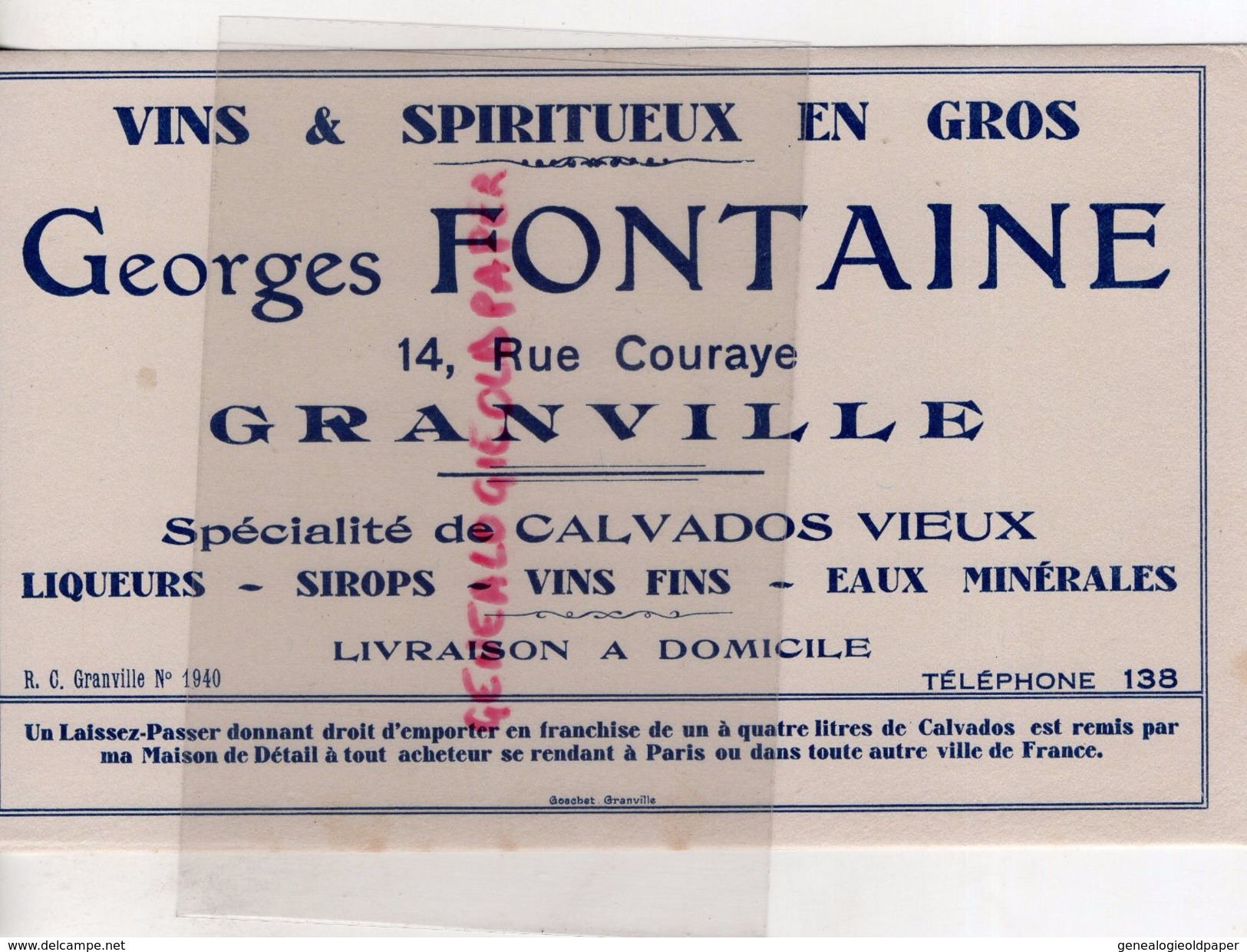 50- GRANVILLE- BUVARD GEORGES FONTAINE-VINS SPIRITUEUX-14 RUE COURAYE- CALVADOS - Lebensmittel