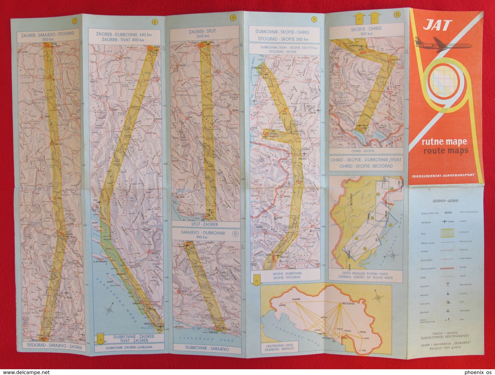 JAT Airlines Yugoslavia - Route Maps Map, Routenkarten, Belgrade 1964. - Timetables