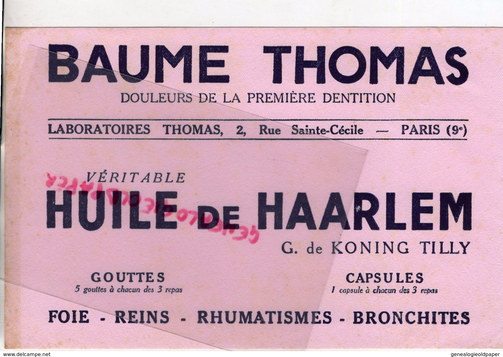 75- PARIS- BUVARD BAUME THOMAS-HUILE DE HAARLEM G. DE KONING TILLY-PHARMACIE DOULEURS 1ERE DENTITION- DENTS DENTAIRE - Droguerías