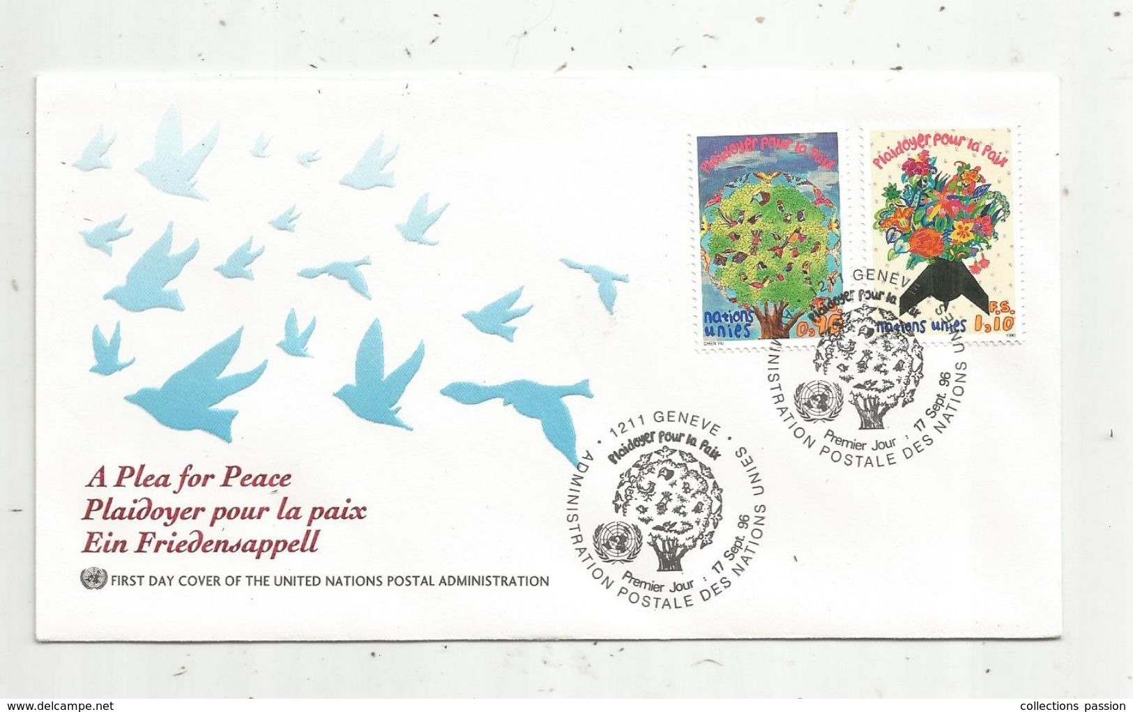 Timbre, FDC, 1 Er Jour  , UNITED NATIONS , Plaidoyer Pour La PAIX , Suisse , Genéve ,1996 , 2 Timbres - Lettres & Documents