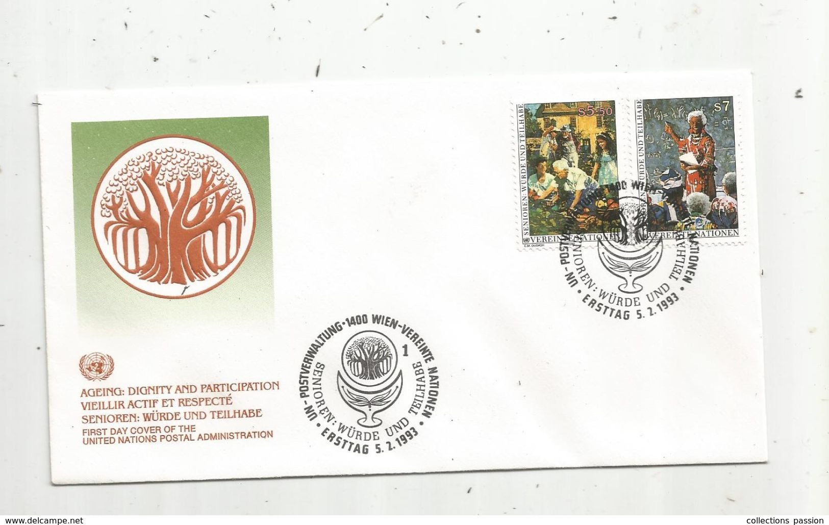 Timbre, FDC, 1 Er Jour  , UNITED NATIONS, 1400 Wien ,1993 , Vieillir Actif Et Respecté - Covers & Documents