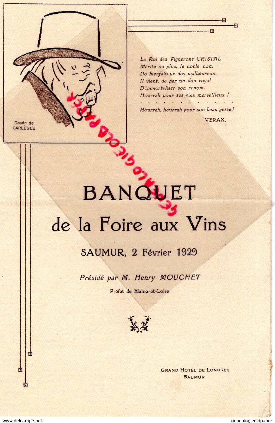 49- SAUMUR- RARE MENU BANQUET FOIRE AUX VINS- 2 FEVRIER 1929- HENRI MOUCHE -DESSIN DE CARLEGLE-GRAND HOTEL DE LONDRES - Menus