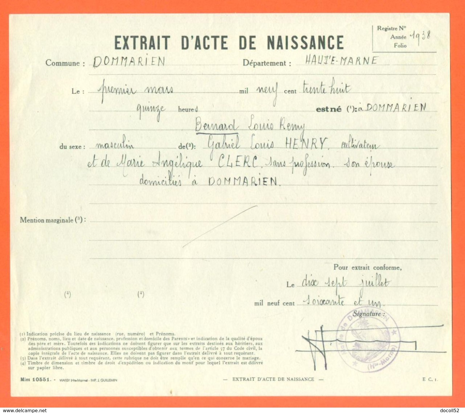 52 Dommarien - Généalogie " Extrait Acte De Naissance En 1938 " VPAN 4 - Naissance & Baptême