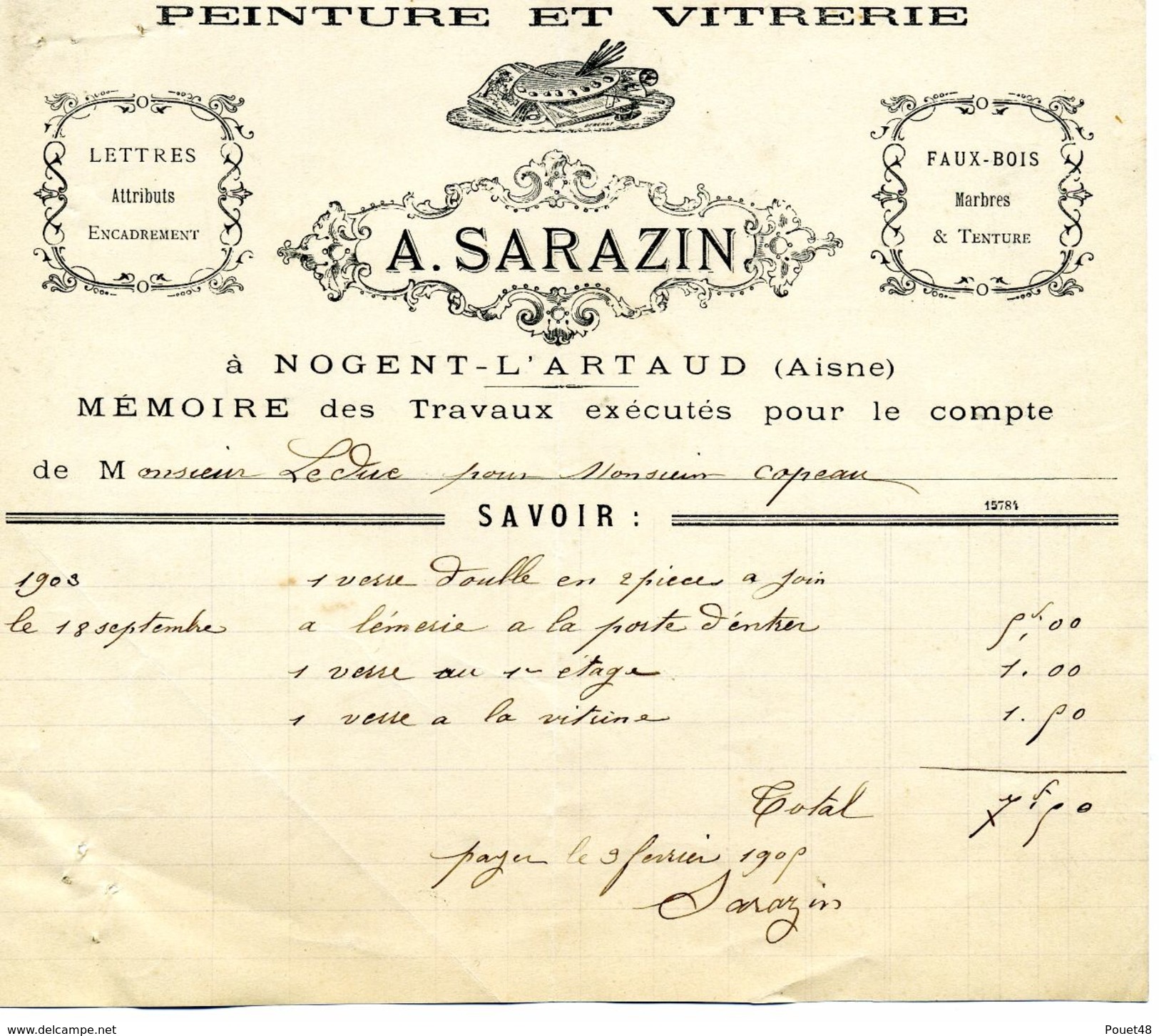 Facture - Nogent L'Artaud - PEINTURE Et VITRERIE: A. SARAZIN - 1903 - Droguerie & Parfumerie