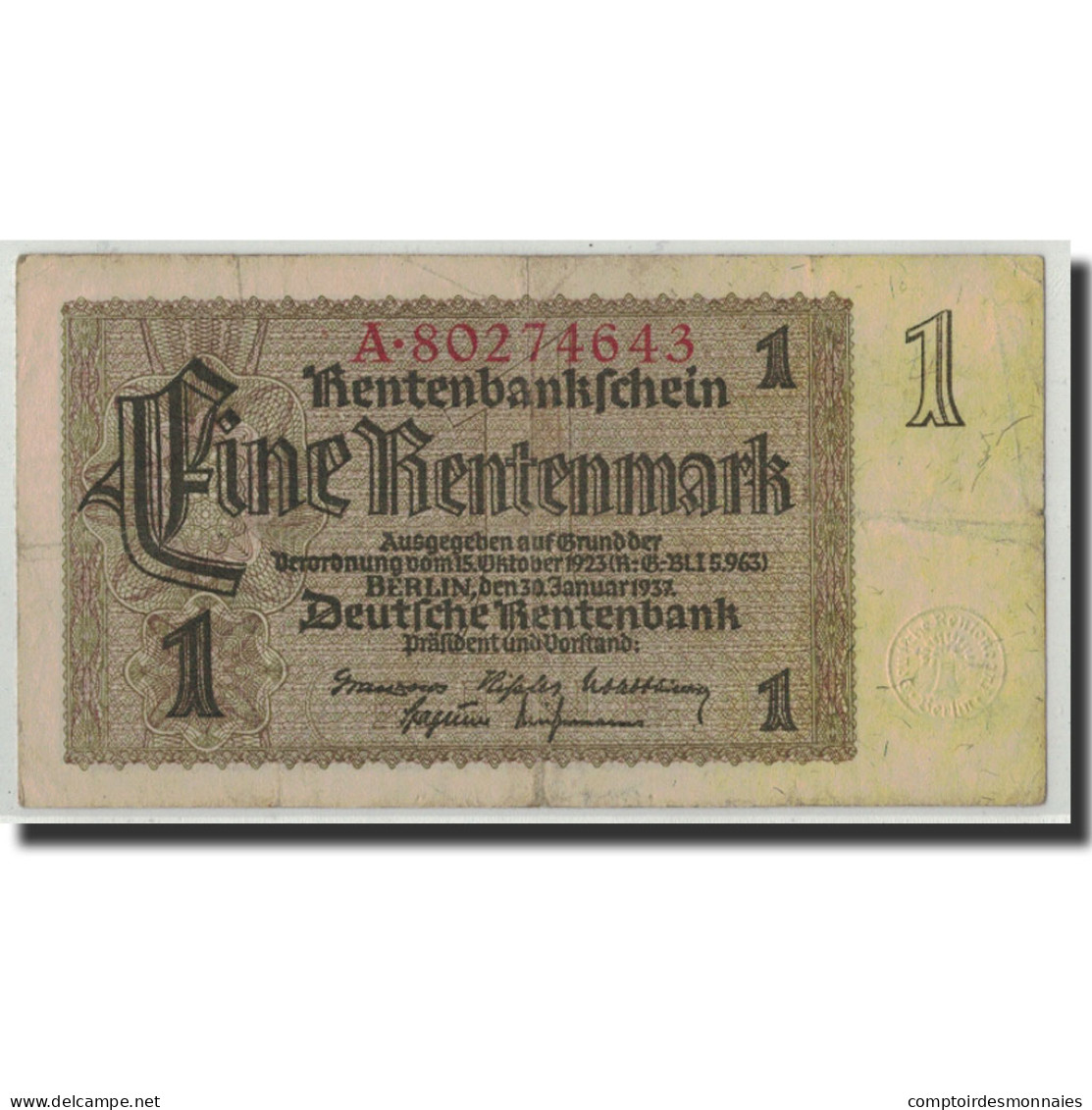 Billet, Allemagne, 1 Rentenmark, 1937, 1937-01-30, KM:173b, TB - 1 Rentenmark