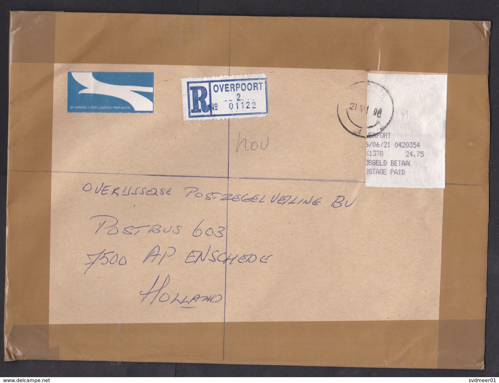 South Africa: Registered Airmail Cover Overport To Netherlands, 1996, ATM Meter Label, R-label Overpoort (traces Of Use) - Brieven En Documenten