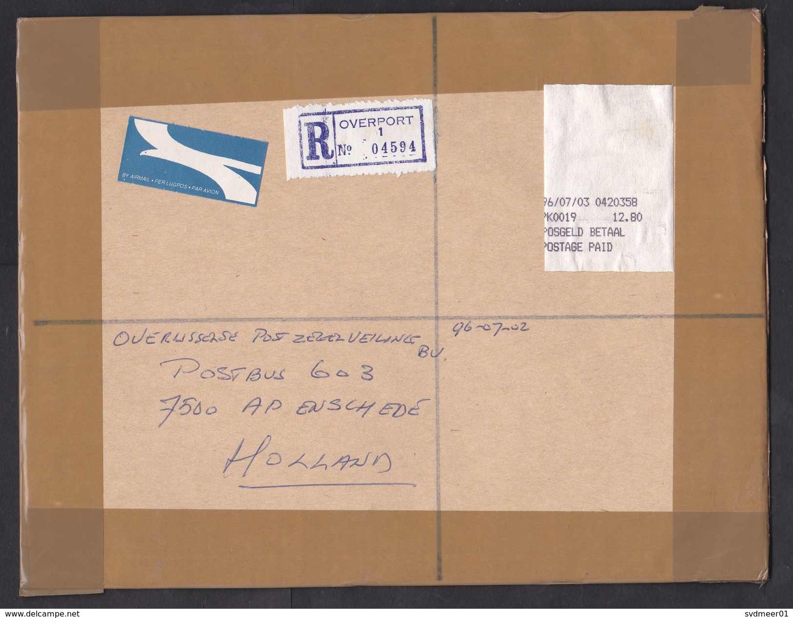 South Africa: Registered Airmail Cover To Netherlands 1996, ATM Meter Label, R-label Overport, No Cancel (traces Of Use) - Brieven En Documenten