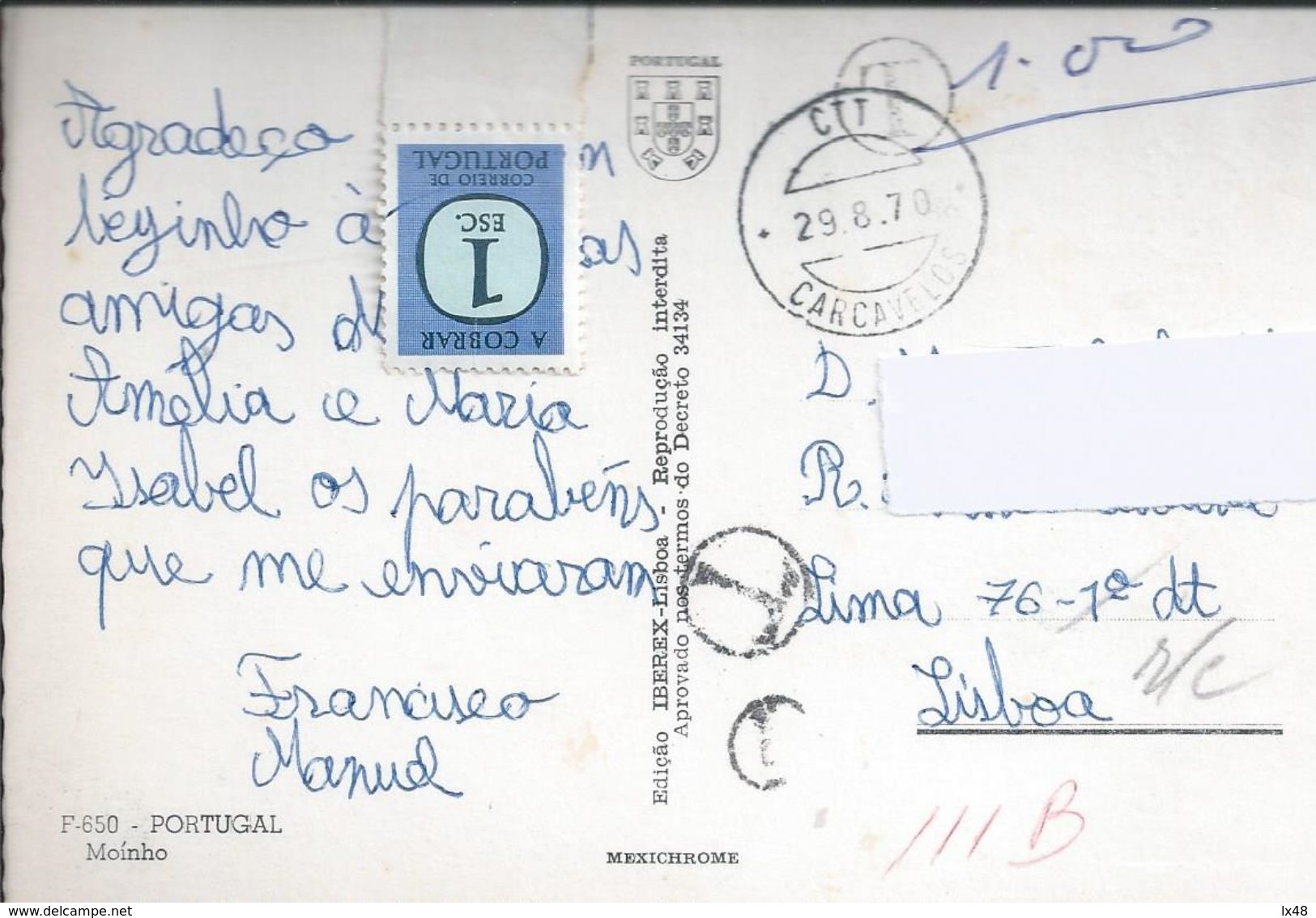 Carta Multada. Carimbos T Diferentes. Letter Without Stamp, Fined, Circled Carcavelos, Cascais. Different T Obligations. - Brieven En Documenten