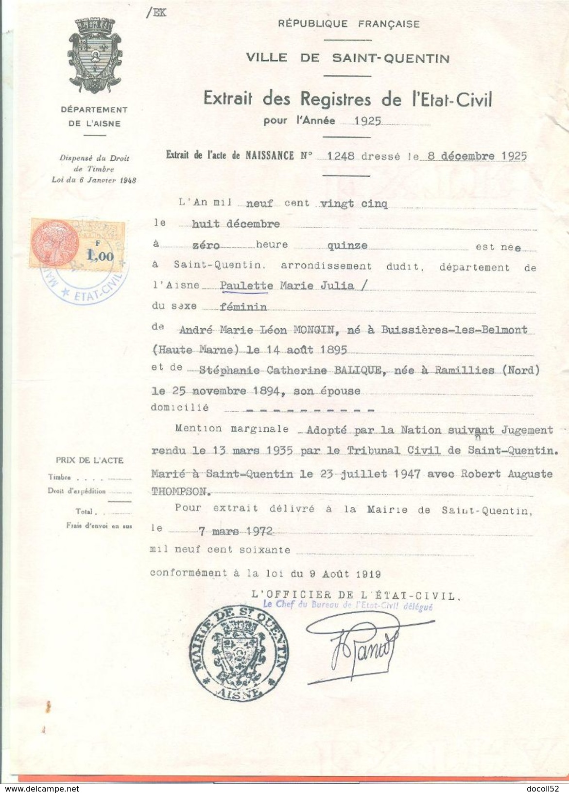 02 Saint Quentin - Généalogie " Extrait Acte Naissance En1925 " Timbre Fiscal - VPAN 4 - Naissance & Baptême