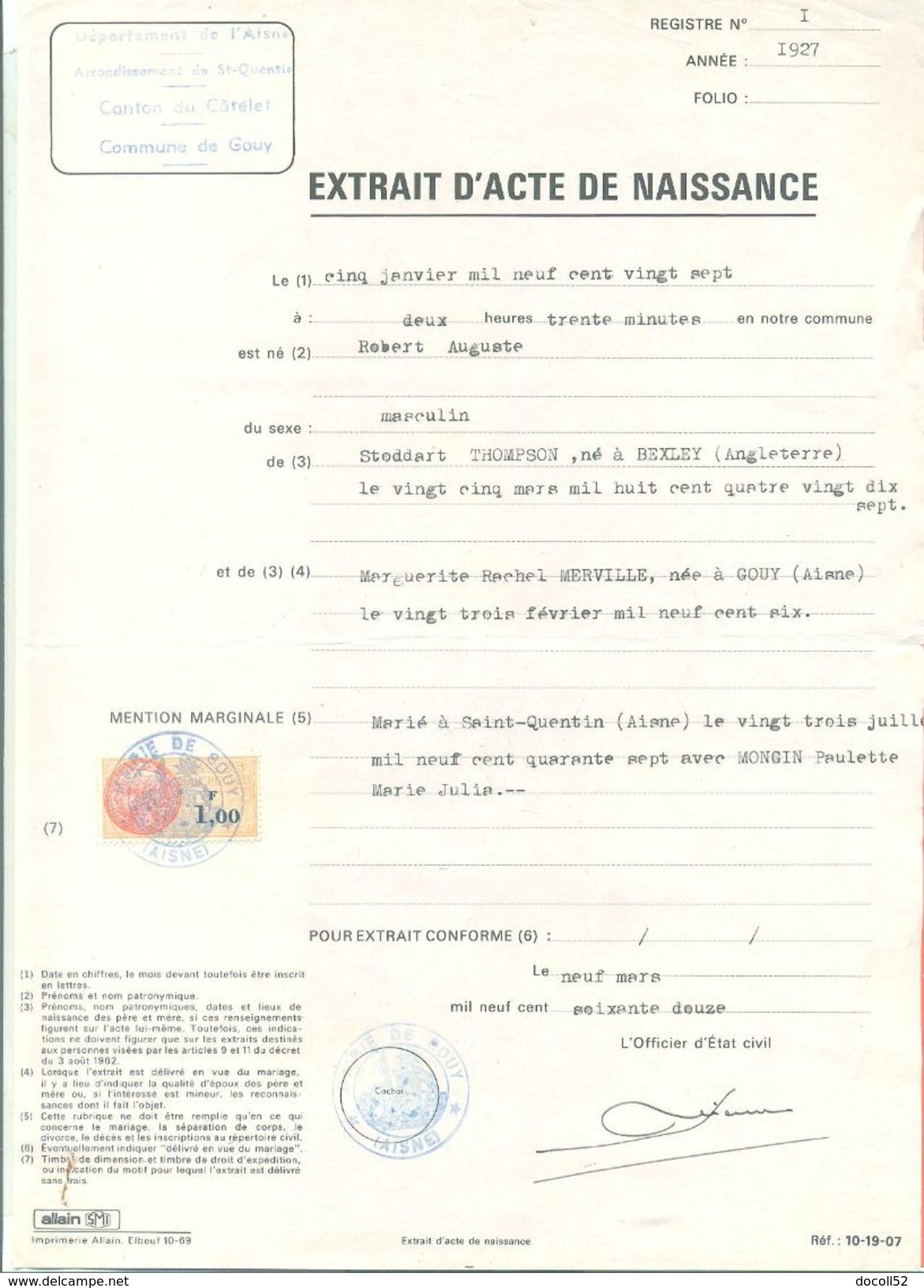 02 Gouy - Généalogie " Extrait Acte Naissance En1927 " Timbre Fiscal - VPAN 4 - Naissance & Baptême