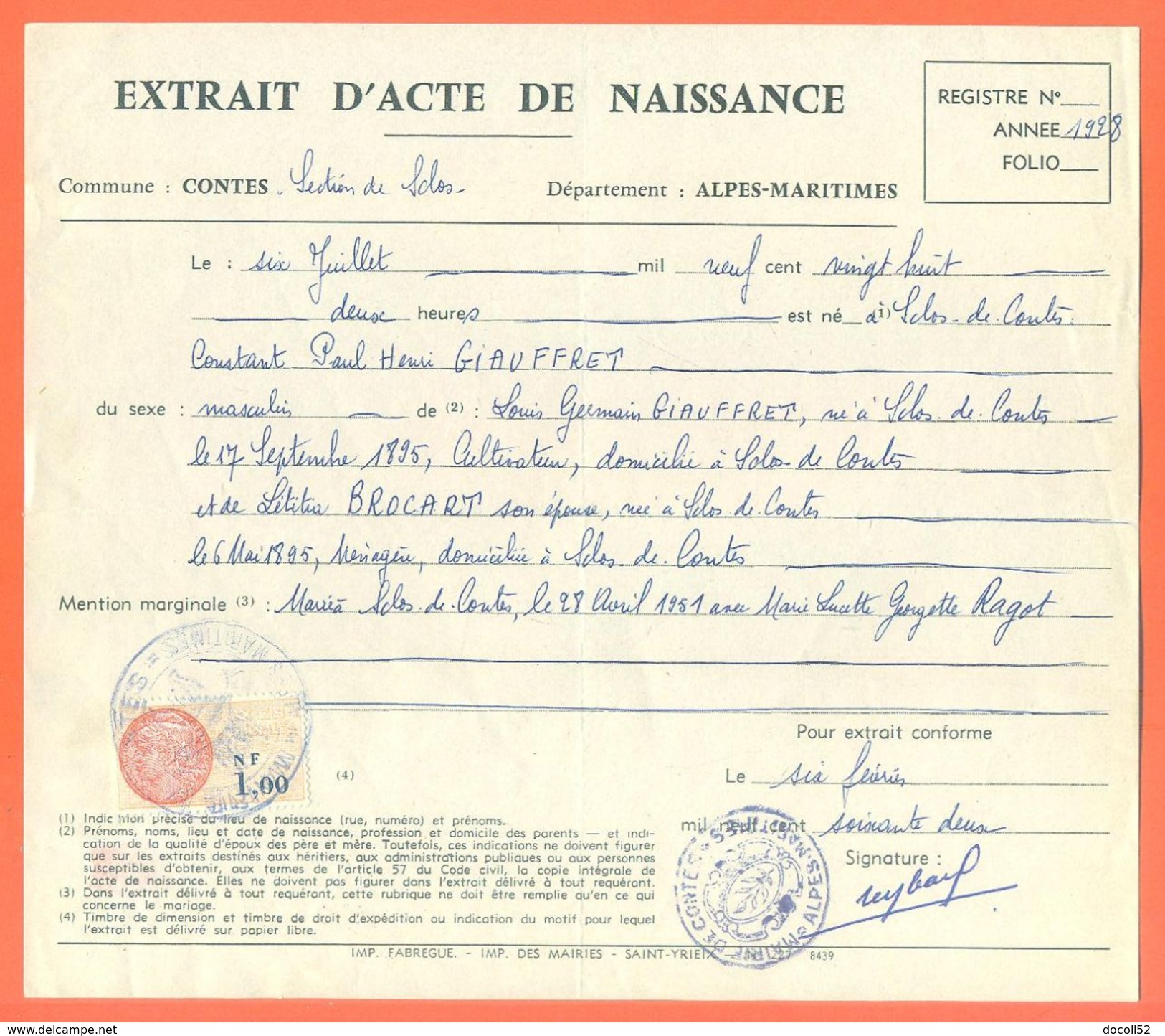 06 Contes - Généalogie " Extrait Acte Naissance En1928 " Timbre Fiscal - VPAN 4 - Naissance & Baptême