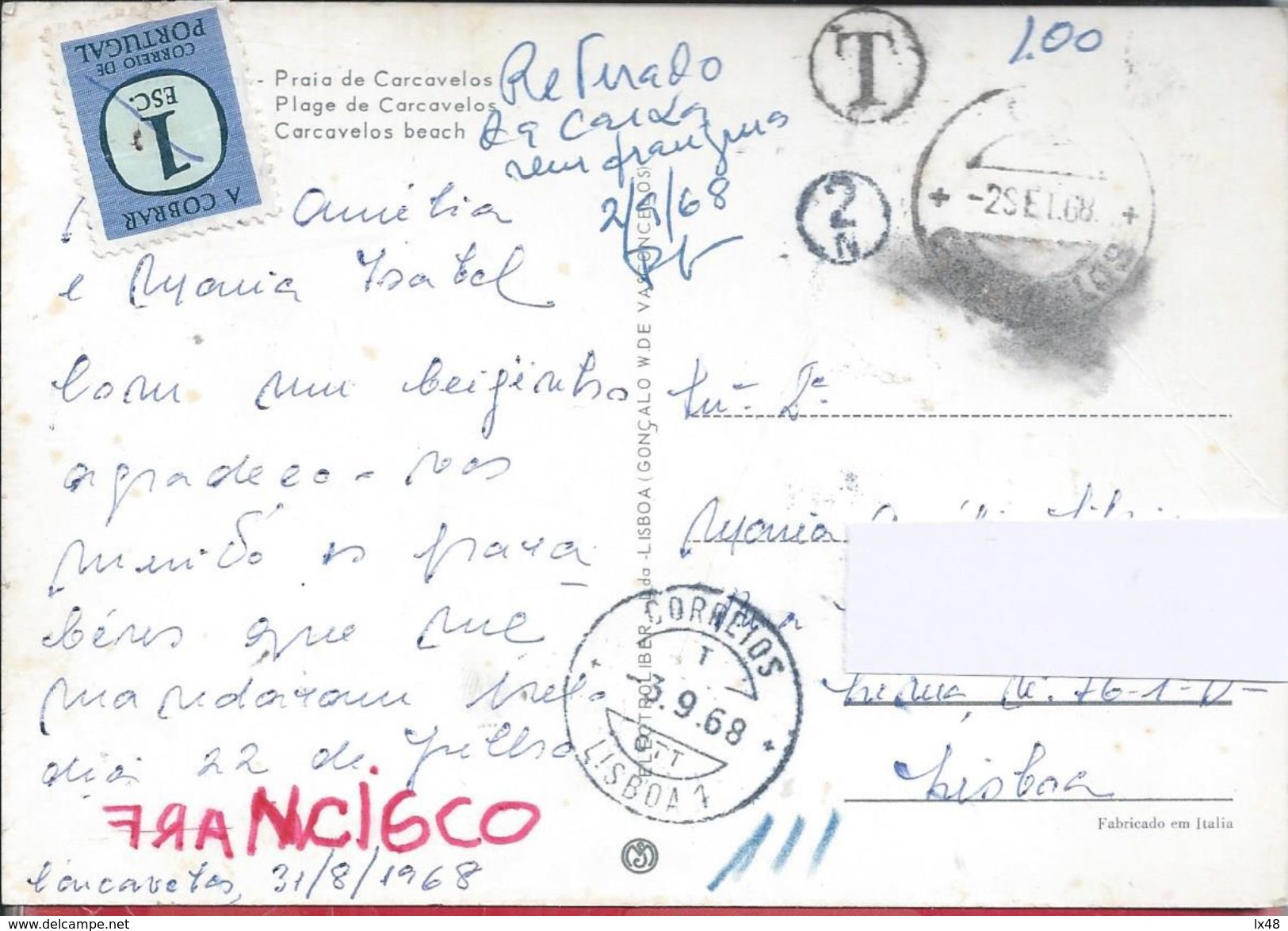 Postal Sem Selo,multado,circulado Carcavelos,1968.Postcard With No Stamp,fined,circled Carcavelos 1968.Postkarte Bestraf - Storia Postale