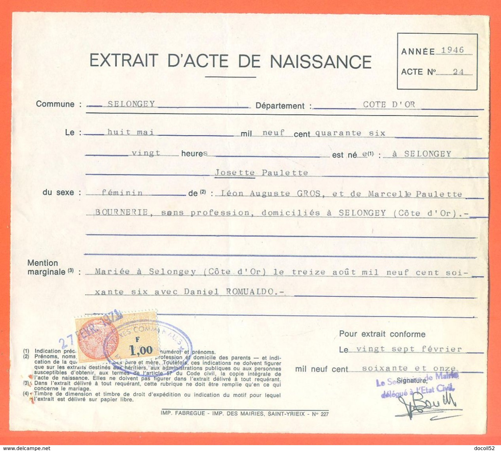 21 Selongey - Généalogie " Extrait Acte Naissance En1946 " Timbre Fiscal - VPAN 4 - Naissance & Baptême