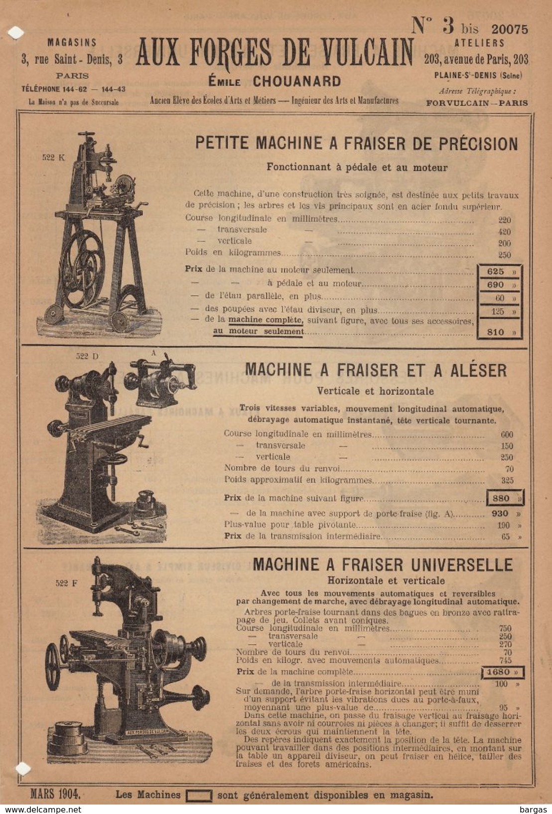 Catalogue Outil Aux Forges Du Vulcain 1904 Machine à Fraiser - Autres & Non Classés