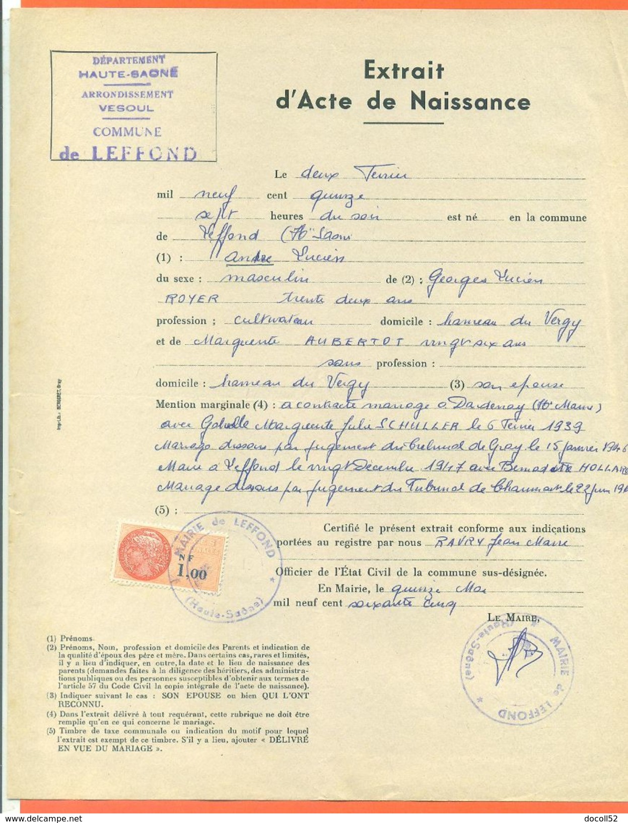 70 Leffond - Généalogie " Extrait Acte Naissance En1915 " Timbre Fiscal - VPAN 4 - Naissance & Baptême
