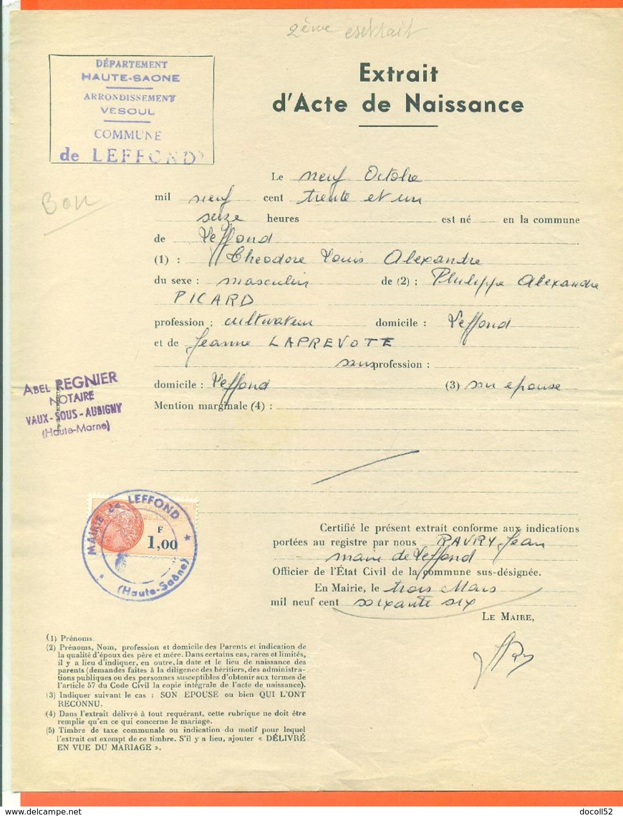 70 Leffond - Généalogie " Extrait Acte Naissance En1931 " Timbre Fiscal - VPAN 4 - Naissance & Baptême