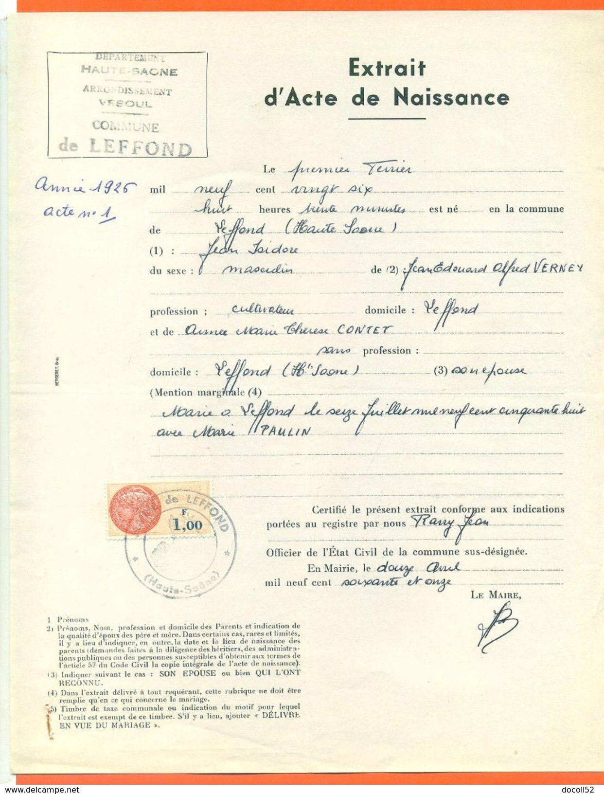 70 Leffond - Généalogie " Extrait Acte Naissance En1926 " Timbre Fiscal - VPAN 4 - Naissance & Baptême