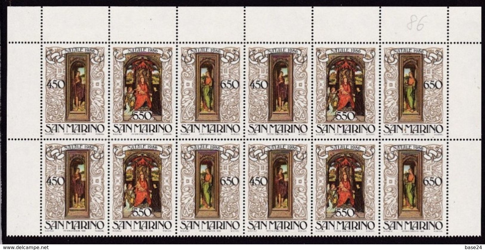 1986 San Marino Saint Marin NATALE  CHRISTMAS  4 Serie Di 3v. (Trittico) In Quartina Angolare Triptych Bl.4 - Natale