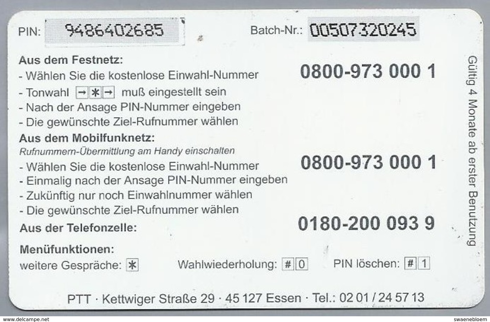 DE.- Duitsland. Call EASY Phone Card. PTT, Kettwiger Strasse 29, Essen. 2 Scans. - GSM, Voorafbetaald & Herlaadbare Kaarten