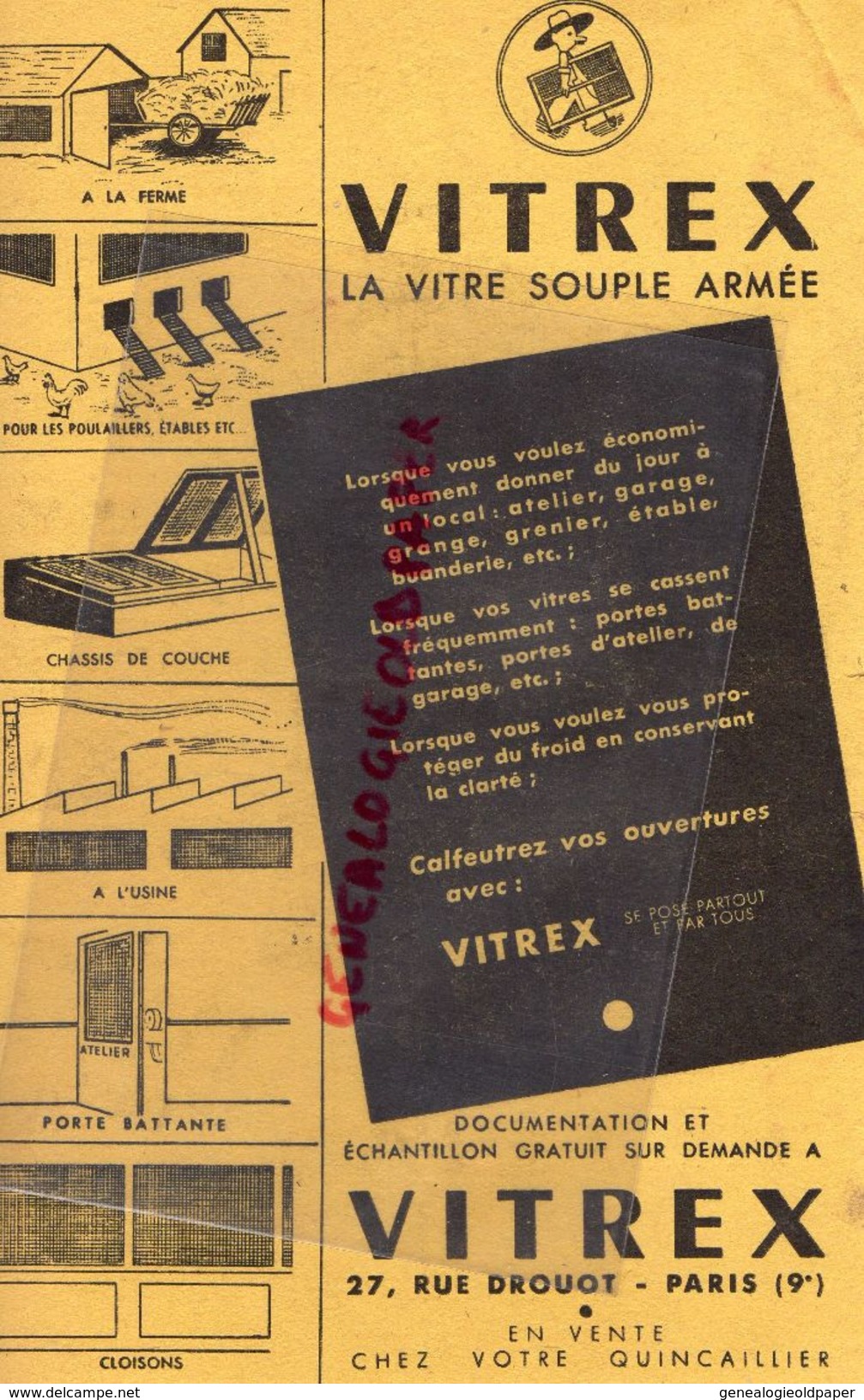 75- PARIS- PUBLICITE VITREX- LA VITRE SOUPLE ARMEE- FERME USINE-AGRICULTURE- 27 RUE DROUOT-CHASSIS AGRICOLE-1952 - Werbung