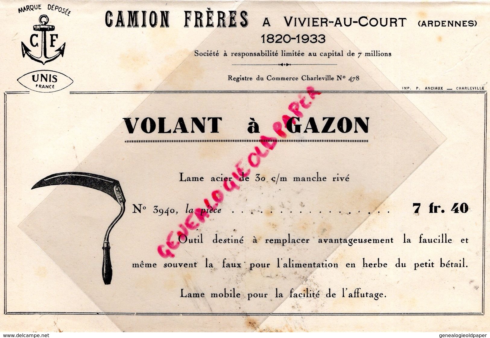 08- VIVIER AU COURT- BELLE PUBLICITE CAMION FRERES-VOLANT A GAZON- SERPE- IMPRIMERIE ANCIAUX CHARLEVILLE-ANNEES 50 - Landwirtschaft