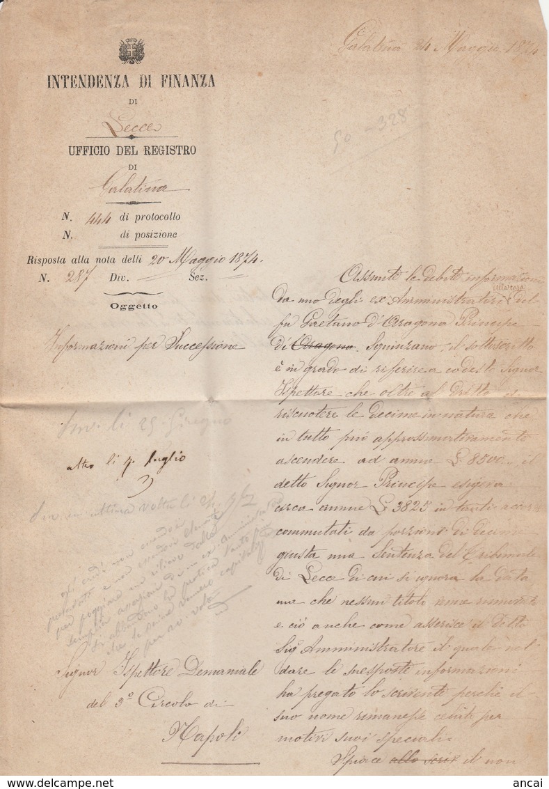 Galatina. 1874. Annullo Doppio Cerchio + Annullo UFFICIO DEL REGISTRO E BOLLO + Testo, Su Lettera In Franchigia - Storia Postale