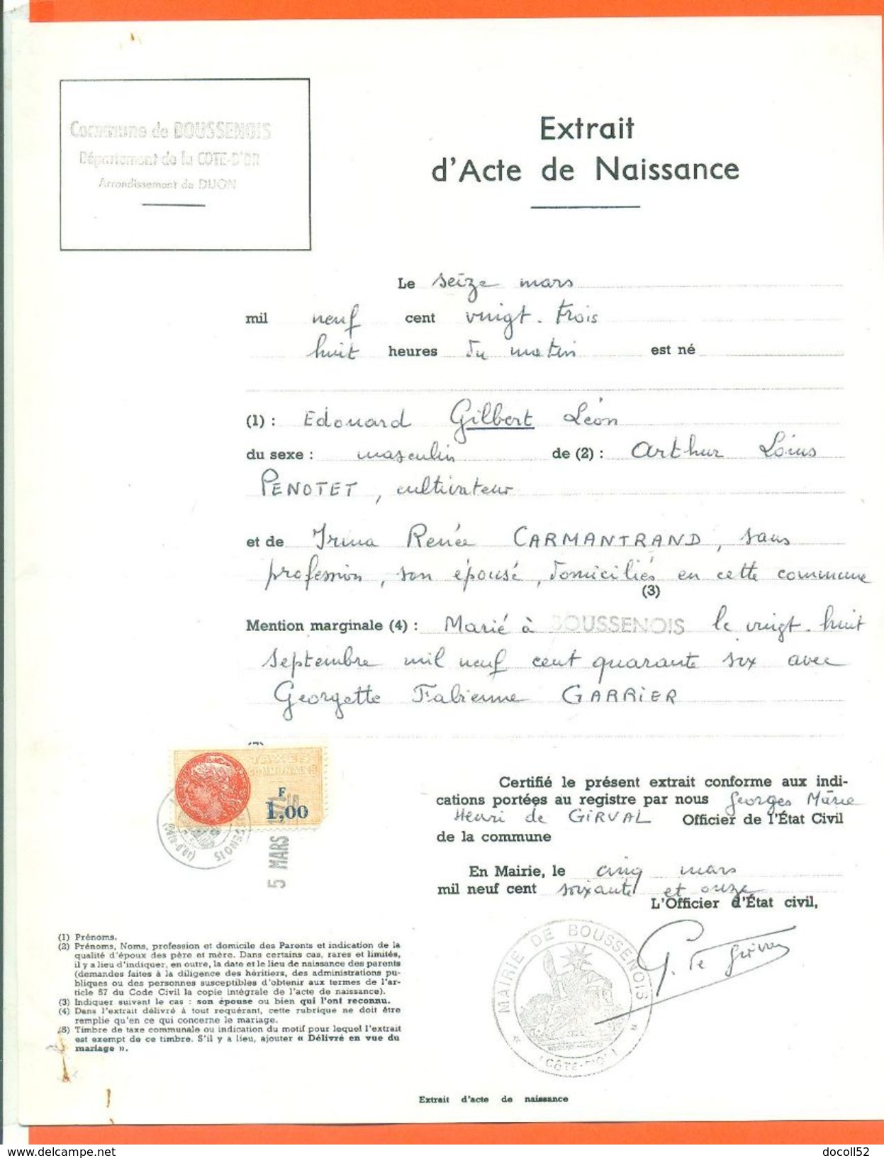 21 Boussenois - Généalogie " Extrait Acte Naissance En1923 " Timbre Fiscal - VPAN 4 - Naissance & Baptême