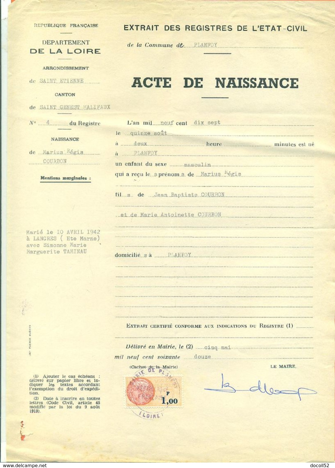 42 Planfoy - Généalogie " Extrait Acte Naissance En1917 " Timbre Fiscal - VPAN 4 - Naissance & Baptême