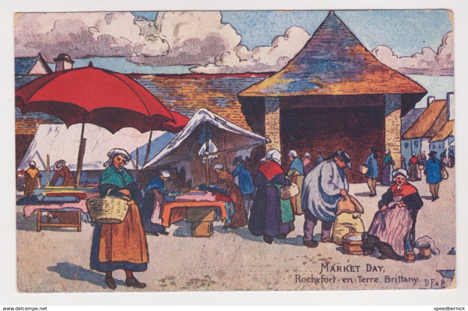 26345 Rochefort En Terre -Market Day -DF&B ? - Dessin Halles Bretonne Costume Postée 1905 - Tissus - Rochefort En Terre