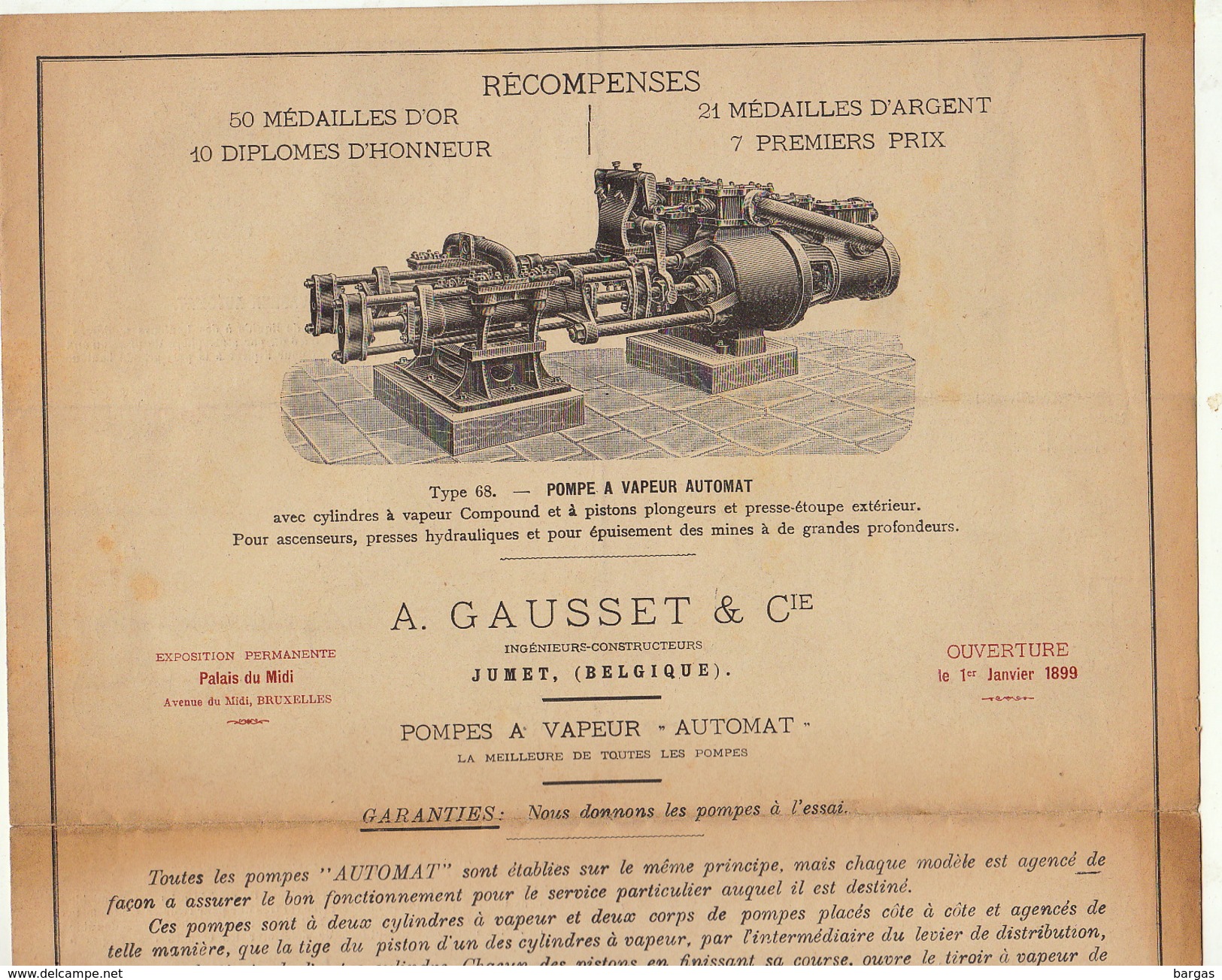 Catalogue Pompe à Vapeur Gausset à Jumet 1899 - 1800 – 1899