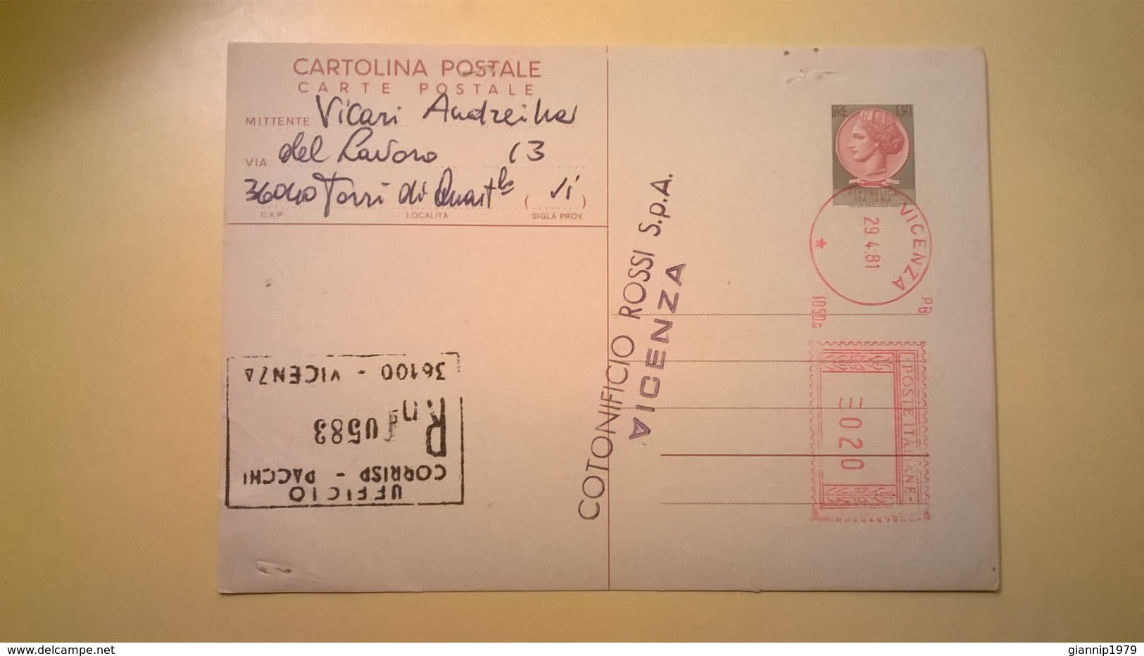 CARTOLINA INTERO POSTALE 1981 RACCOMANDATA AFFRANCATURA MECCANICA VICENZA SIRACUSANA - Interi Postali