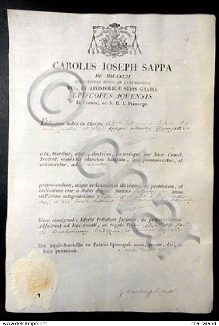 Documento Vescovile Manoscritto Autografo Carolus Joseph Sappa Con Sigillo 1827 - Altri & Non Classificati