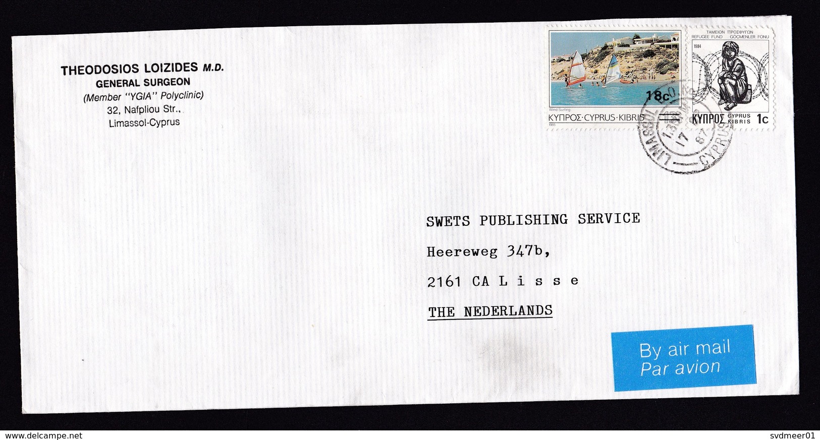 Cyprus: Airmail Cover To Netherlands, 1987, 1 Stamp & Refugee Tax, Wind Surfing, Coast, Sports, Air Label (minor Damage) - Briefe U. Dokumente