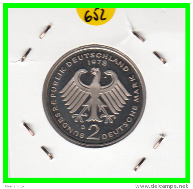 ALEMANIA - GERMANY -MONEDA DE 2.00 DM. THEODOR HEUSS -   AÑO 1978-D  CALIDAD PROOF S/C - 2 Marcos