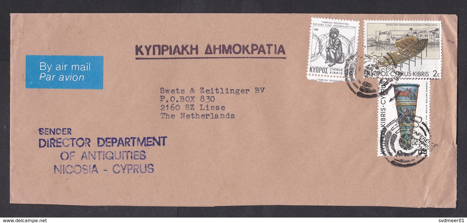 Cyprus: Official Cover To Netherlands, 1987, 2 Stamps & Refugee Tax, Ancient Ship, By Dep. Of Antiquities (minor Crease) - Briefe U. Dokumente