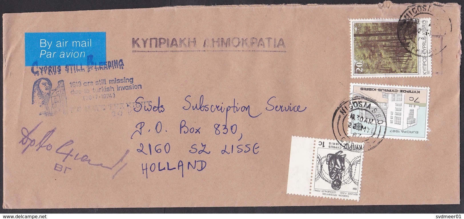 Cyprus: Official Cover To Netherlands, 1987, 2 Stamps & Refugee Tax, CEPT, Cancel Cyprus Still Bleeding (minor Damage) - Brieven En Documenten