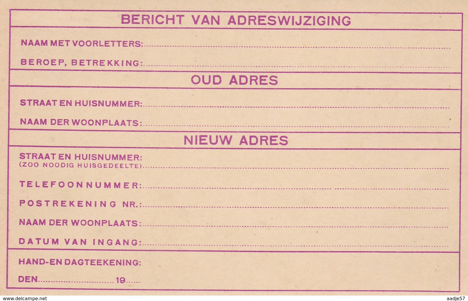 Netherlands Nederland  Pays Bays Adreswijziging 1 1/2 Cent - Postal Stationery