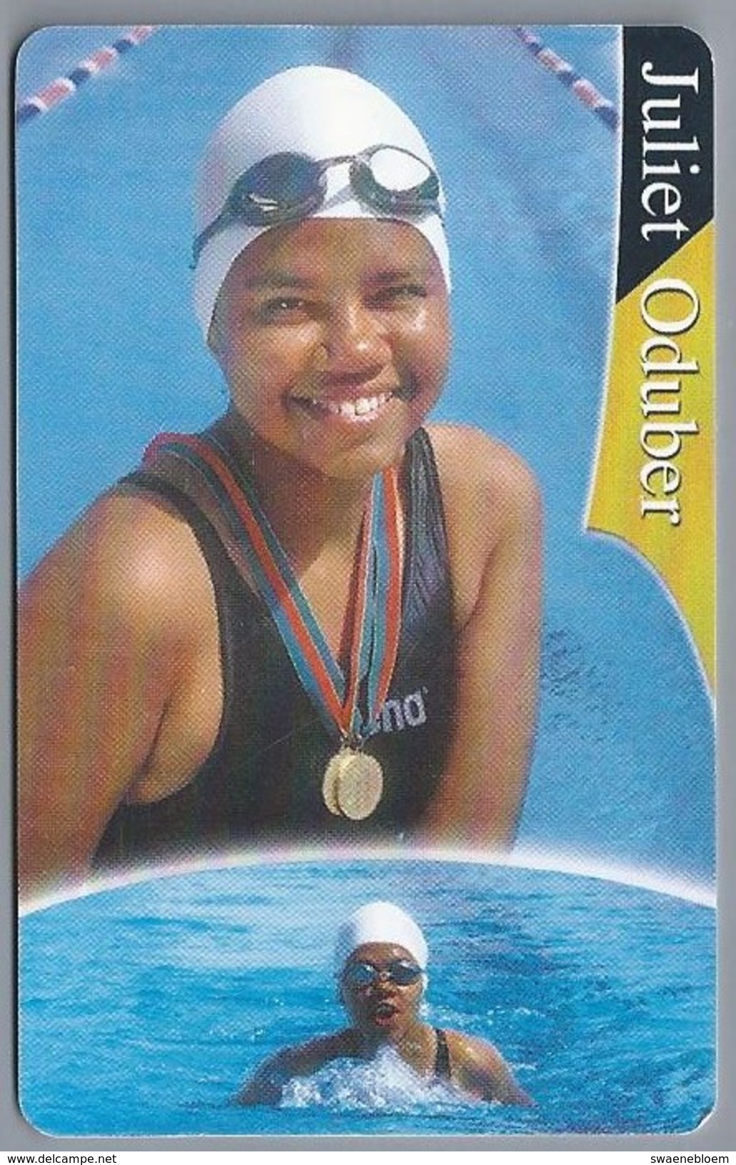Telefoonkaart. ARUBA PHONE CARD. JULIET ODUBER. SPECIAL OLYMPICS 1995. 3 Medaya. 2 Scans - Antillen (Nederlands)