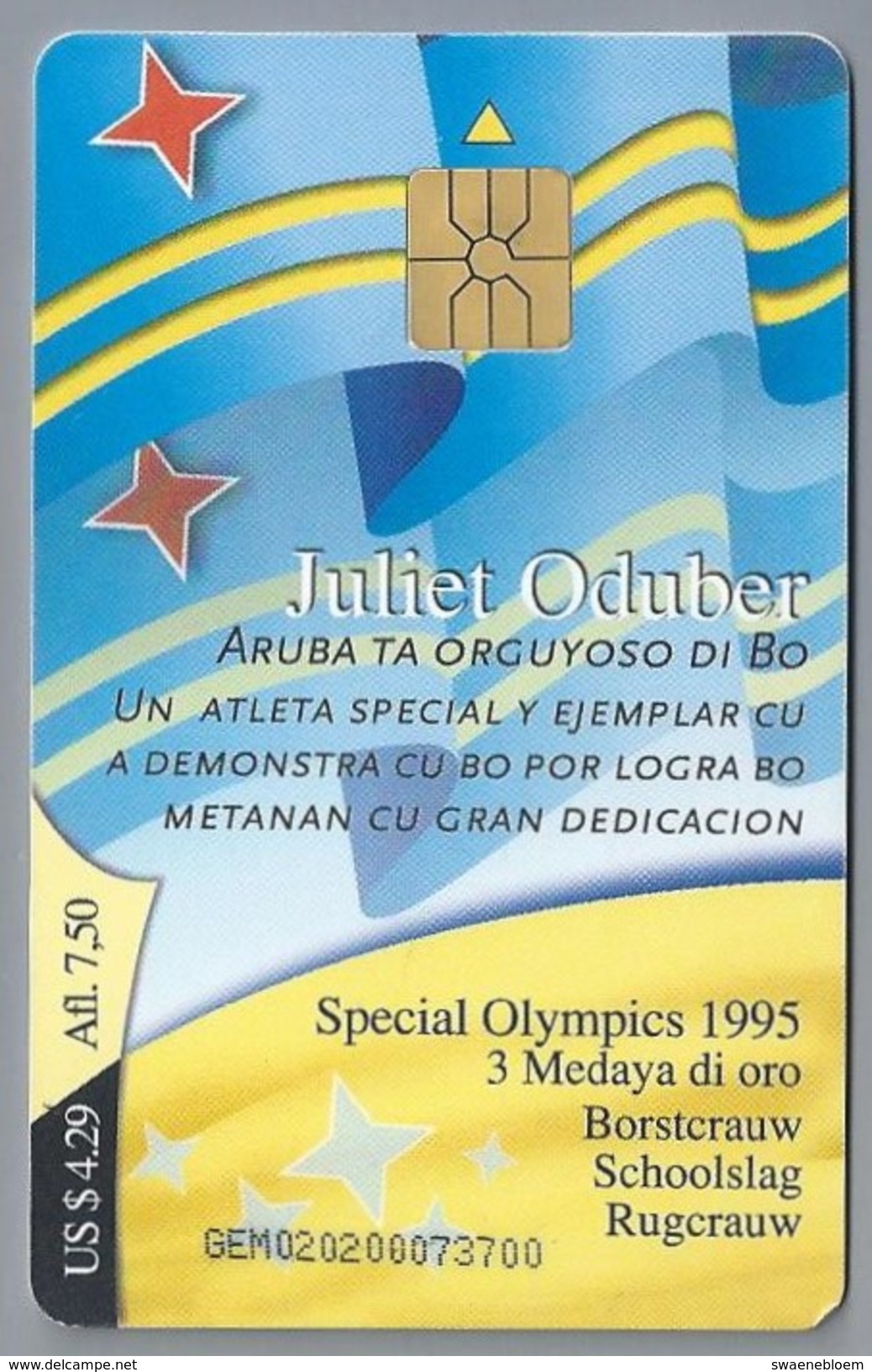 Telefoonkaart. ARUBA PHONE CARD. JULIET ODUBER. SPECIAL OLYMPICS 1995. 3 Medaya. 2 Scans - Antilles (Netherlands)