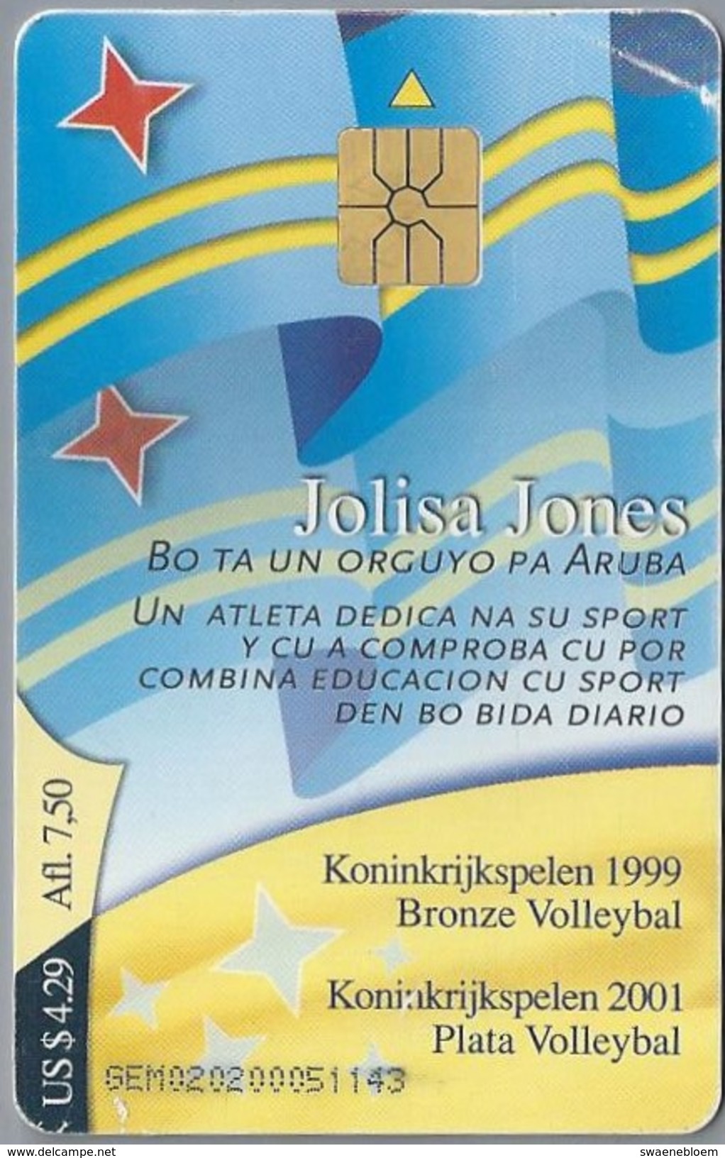Telefoonkaart. ARUBA PHONE CARD. JULISA JONES. Koninkrijkspelen 1999. 2 Scans - Antillas (Nerlandesas)