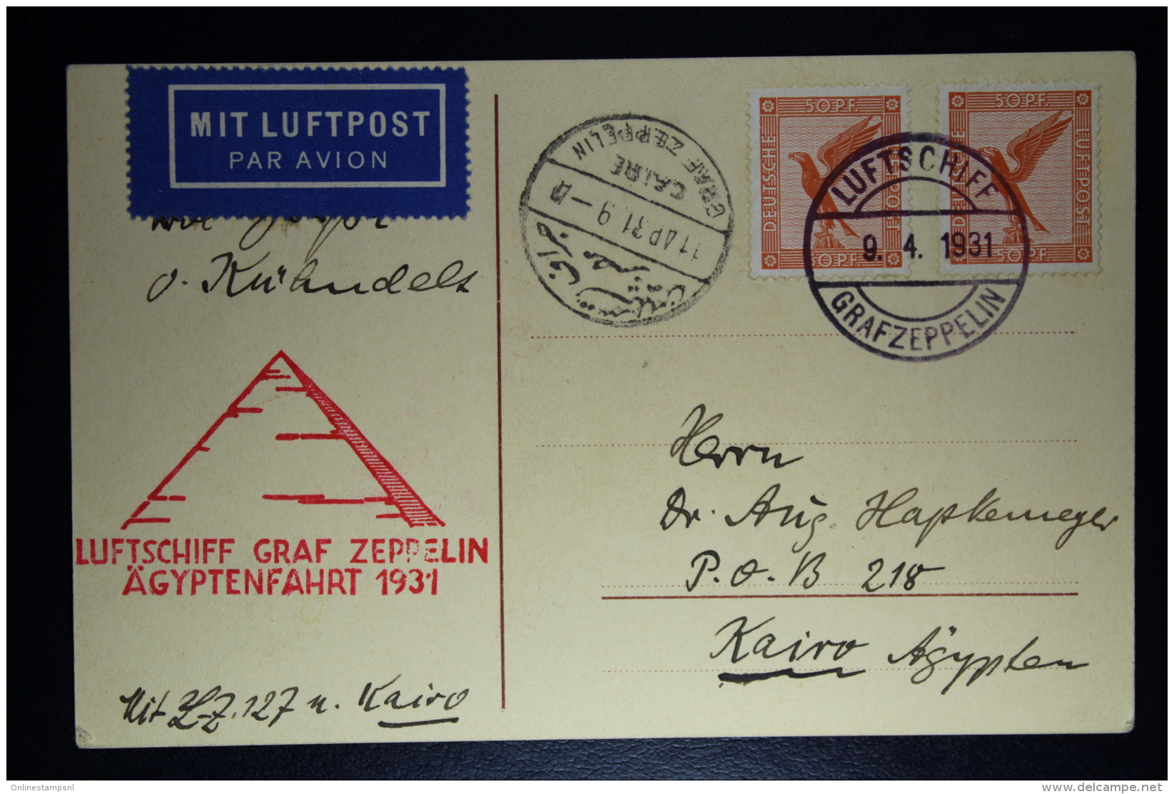 Deutsches Reich LZ 127 Graf Zepplin  Agyptenfahrt 1931 Postkarte Sieger 104b - Luft- Und Zeppelinpost