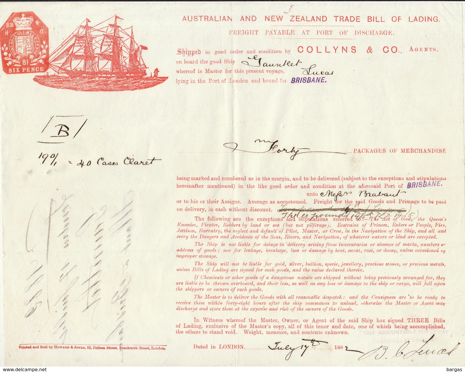 Connaissement Transport Bateau Australian New Zealand Londres Brisbane Par Le Gauntlet 1882 - Transports