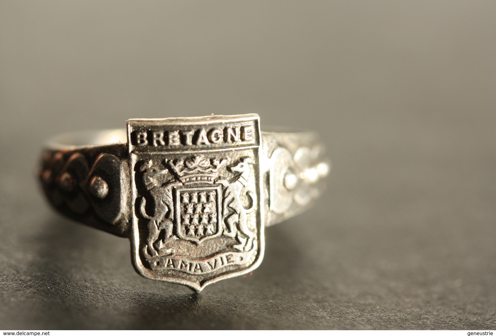 Bague Vintage Chevalière Argenté Années 20 "Armoiries Bretagne" 19.4mm - T61 - Brittany Celtic Ring - Bagues