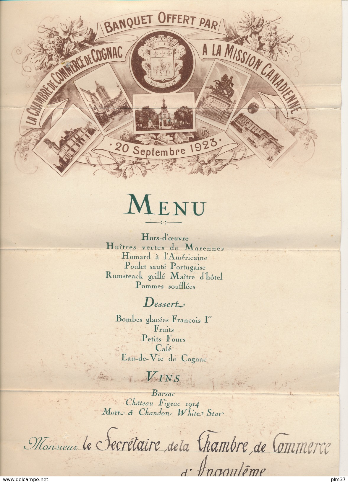 Menu 1923 - Chambre De Commerce De COGNAC, Mission Du CANADA - Menú