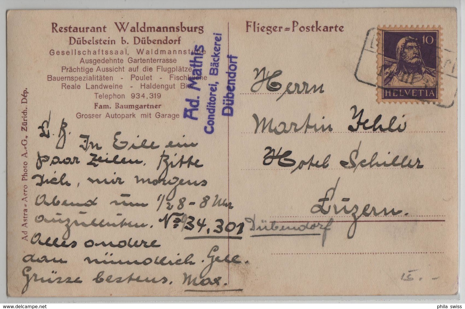 Restaurant Waldmannsburg Dübelstein Bei Dübendorf - Flieger-Postkarte Ad Astra-Aero - Dübendorf