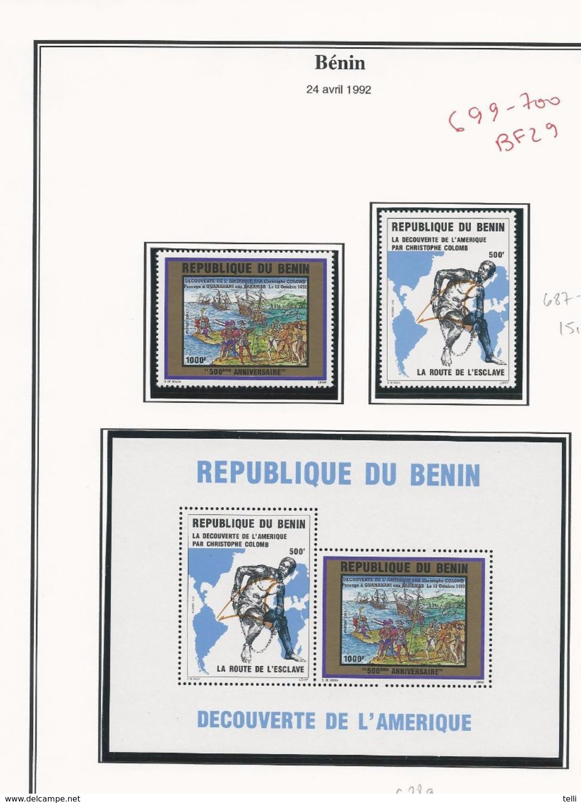 BÉNIN Scott 687-688, 688a Yvert  699-700, BF29 (2+bloc) ** Cote 34,00$ 1992 - Bénin – Dahomey (1960-...)