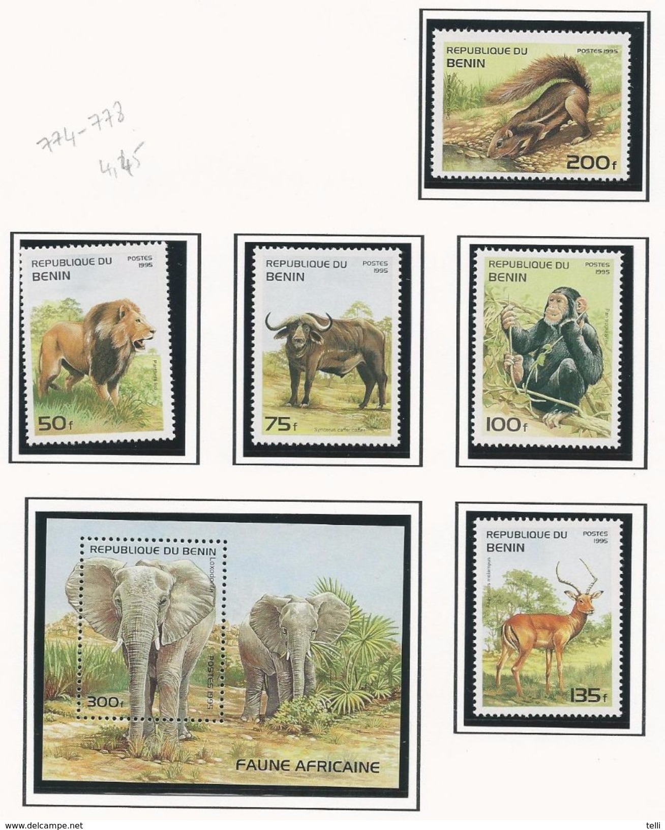 BÉNIN Scott 774-778, 779 Yvert  708Z-708AD, BF29E (5+bloc) ** Cote 8,70$ 1995 - Benin - Dahomey (1960-...)